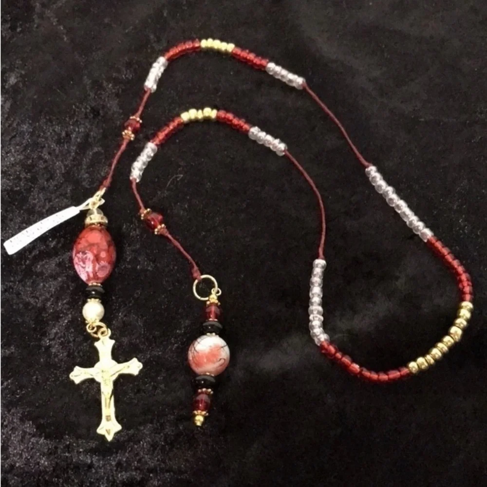 ECCENTRIC HANDCRAFTED Red/White/Black Beaded Bookmark with Golden Cross